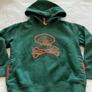 Mini Boden embroidered hoodie with pockets. Size 7-8, green with orange.
